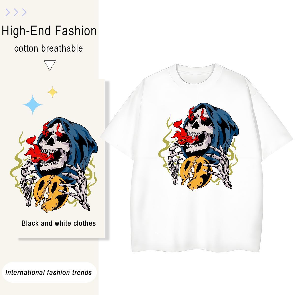 TOP Quality T Shirt For Woman 230g Pure Cotton Breathable Short Sleeve Casual Beach skull Couples T Shirts Unisex Cartoon Print Top Tees