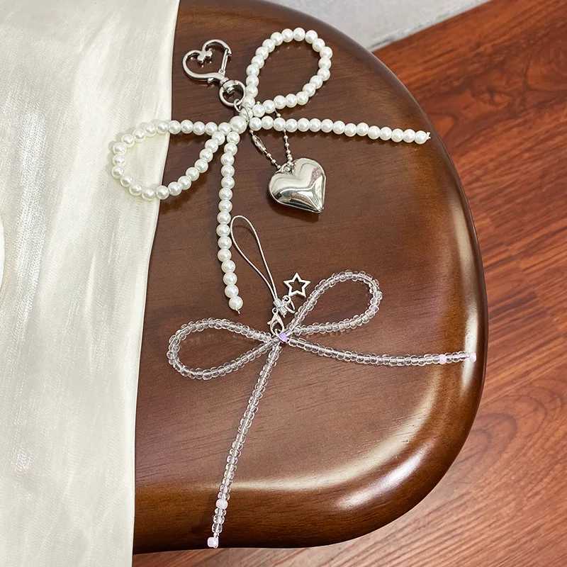 1/2 Sweet Pearl Heart shaped Keychain Womens Handmade Bow Phone Hanging Rope Keychain Charm Pendant Jewelry Y241014