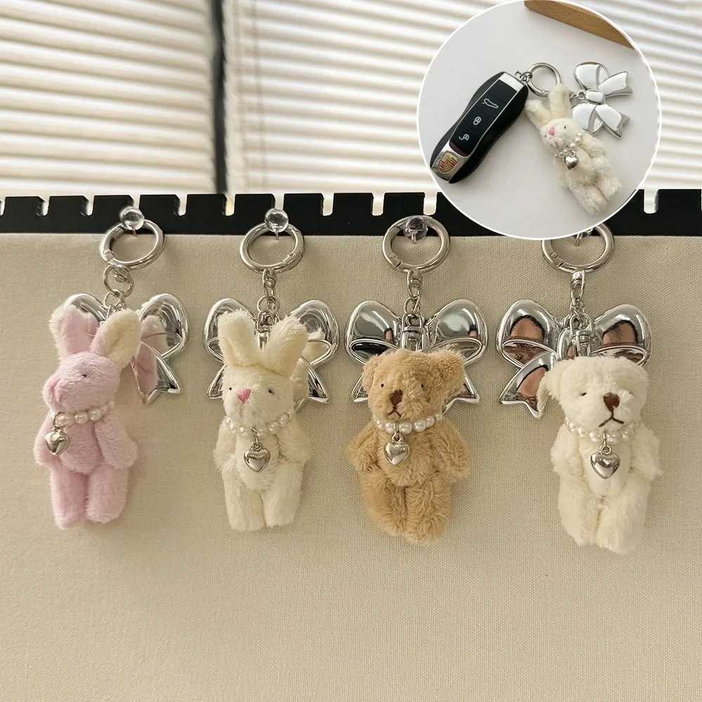 Cute Jewel Bear Keychain Plush Rabbit Bow Keyring Charm Pack Phone Pendant Womens Gift Fashion Accessories Y241014