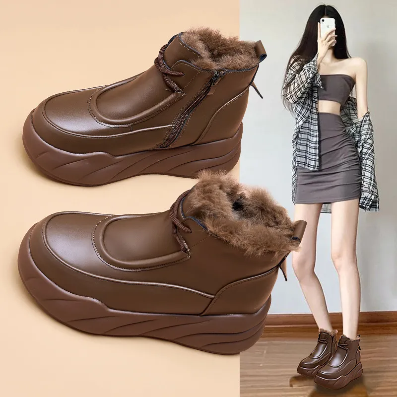 Designer Boot Hairy Snow Boots Female Fur One Winter 2024 Plus Cashmere Large Cotton Warm Inside Height-Raising Daddy Shoes H240826