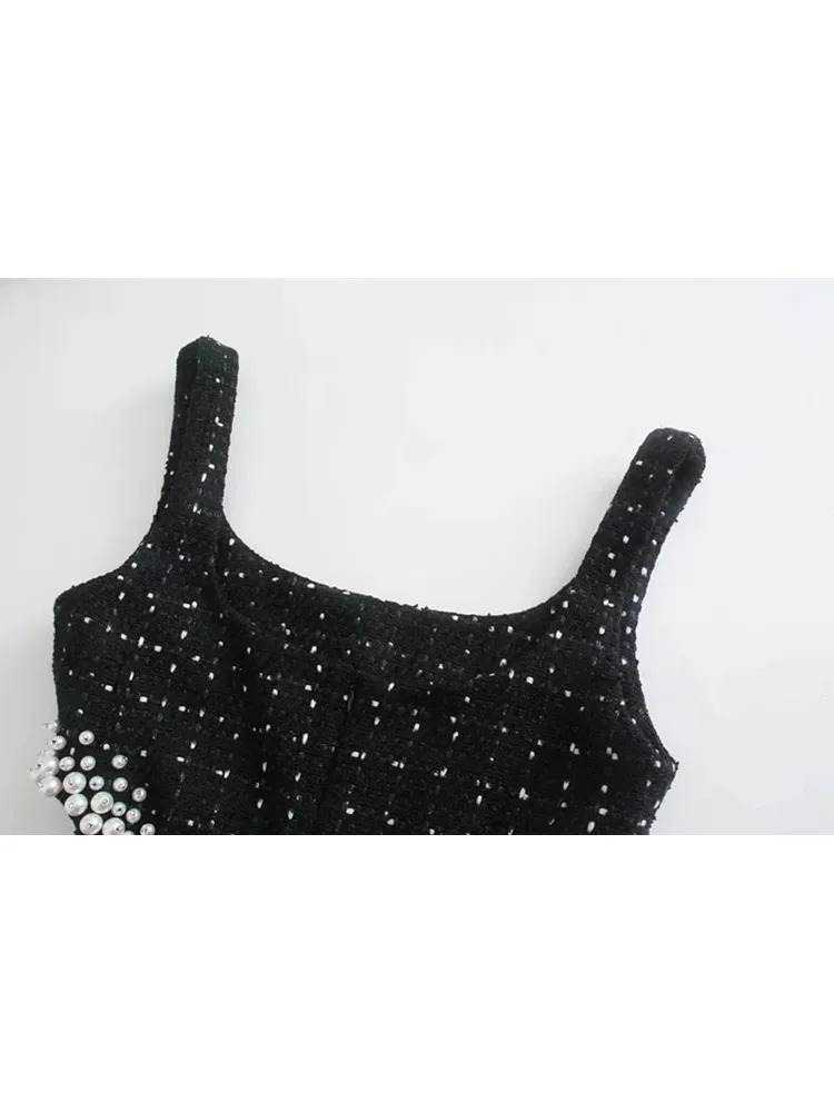 Zevity Women Sexy Waist Hollow Out Pearl Appliques Tweed Woolen Slim Mini Dress Female Chic Back Zipper Sling Vestidos DS2148 241011