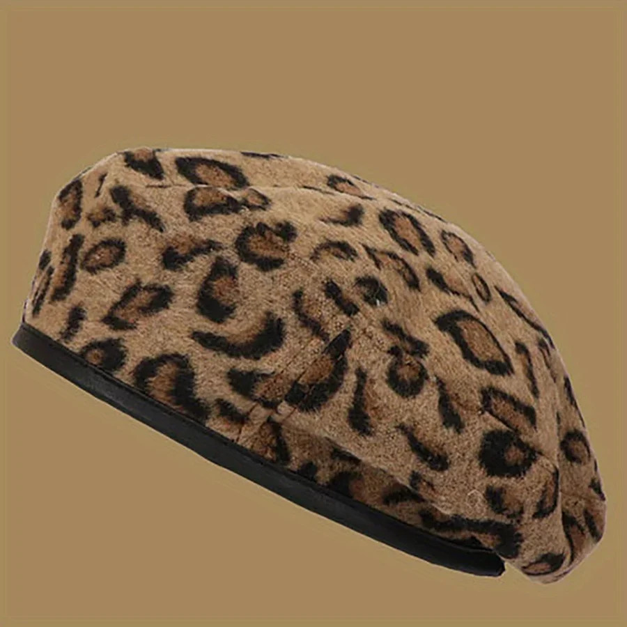 Leopard Print Artist Hat Windproof and Warm Brimless Cap with Adjustable Rope Autumn Retro Beret Winter Casual Fashion Felt Hat 241009