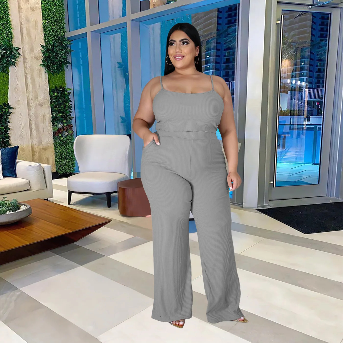 HAOOHU Womens Clothing Set Plus Size 3-Piece Set Urban Sports Shirt Tube Top Wide Leg Pants Strap Sports Leisure Set 240930