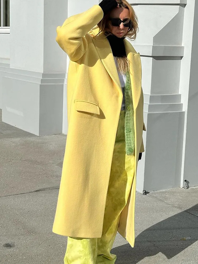 Elegant Yellow Womens Coat Loose Lapel Long Sleeve Button Pockets Outwears Female 2024 Autumn Fashion Lady High Streetwear 241010