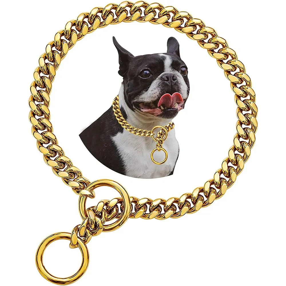 Gold Chain Dog Collar 10mm Fashion Dog Cuban Link Pet Gold Necklace Metal Puppy Jewelry Bulldog P Chain Pet Training Slip Collar