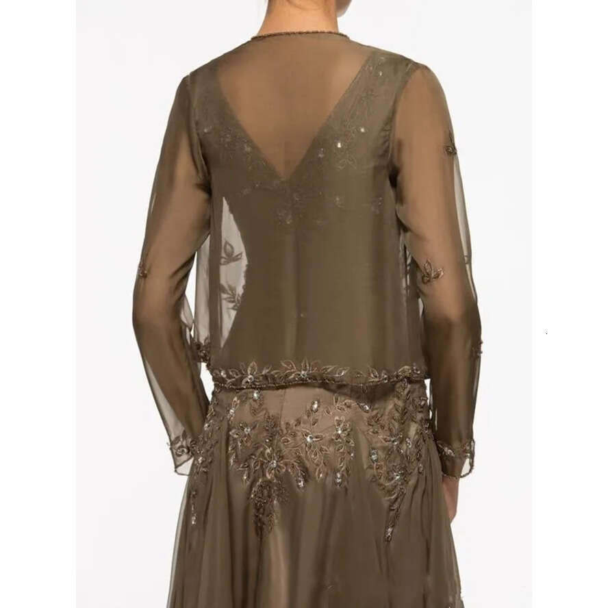 New Off Dresses Modern Chiffon Embroidery Beads Crystal Long Sleeves Knee Length With Jacket Mother Of The Bride Dress