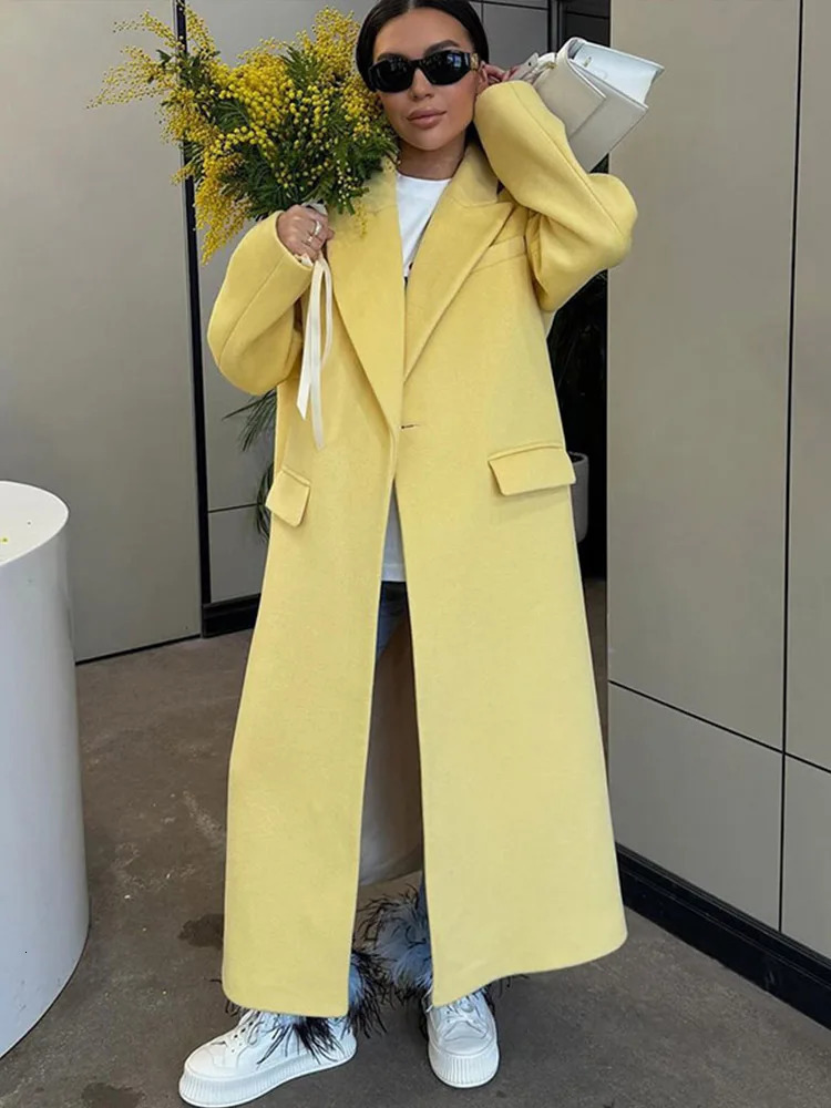 Elegant Yellow Womens Coat Loose Lapel Long Sleeve Button Pockets Outwears Female 2024 Autumn Fashion Lady High Streetwear 241010