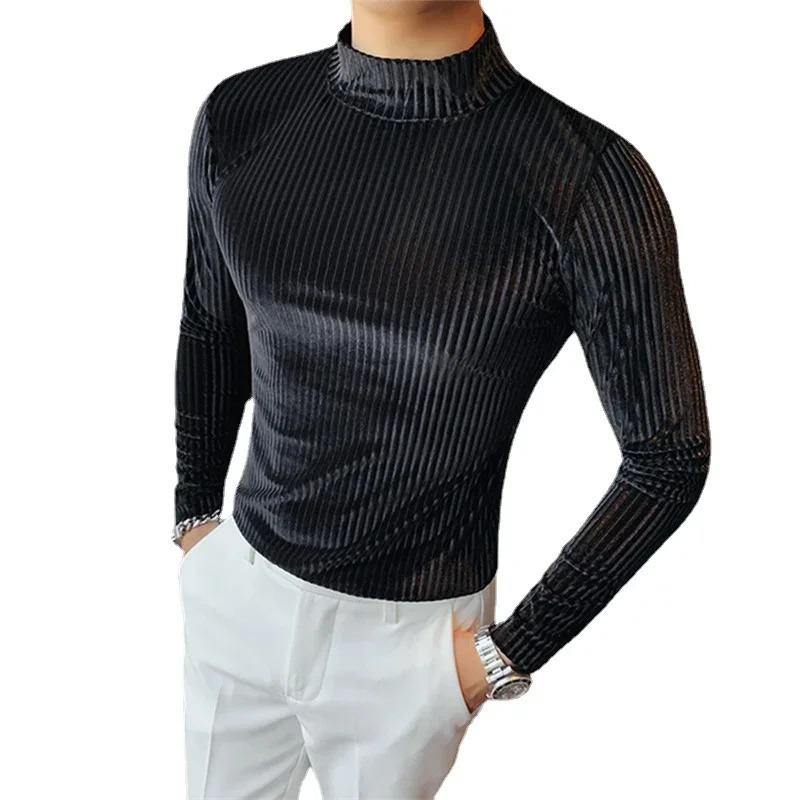Gold Velvet T Shirt Men Clothing 2024 Autumn and Winter Fashion Prom Party Long-sleeved Striped Pullover Homme 4XL-S 241011