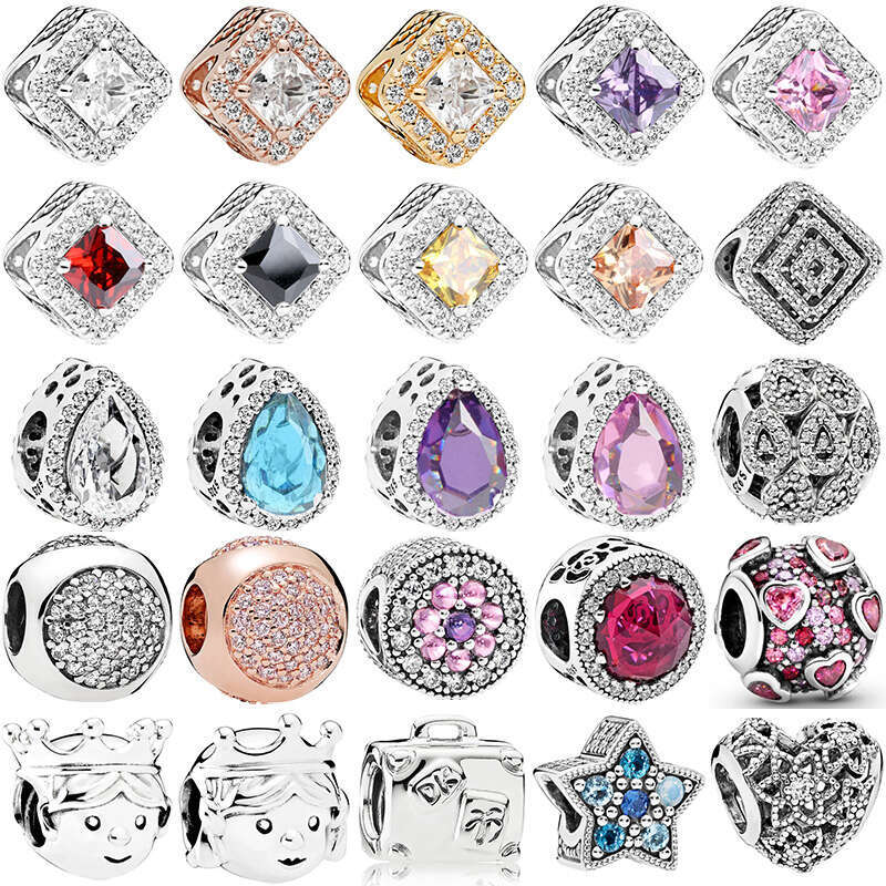 925 Sterling Silver Square Rose Gold Sparkle Halo Princess Beads Fit Original Dangle Charm Bracelet Women DIY Jewelry