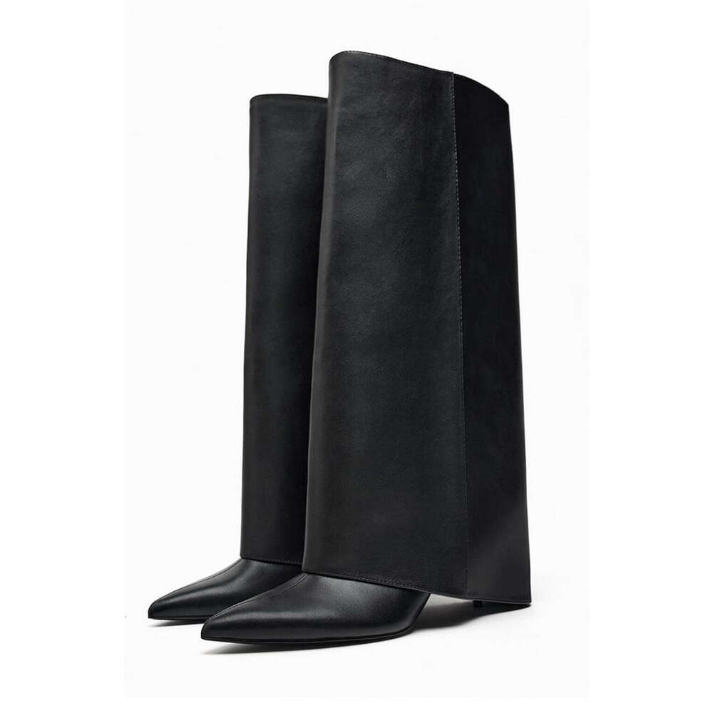 Autumn Winter Black Leather Knee High Ins Funky Slip On Trouser Boots Pointed Toe Kitten Heels Stretch Shoes Women