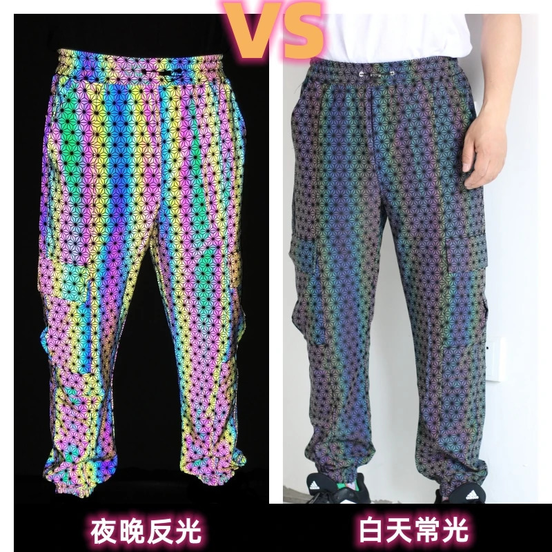 Color holographic reflective mens Trouser hip-hop knitted breathable waist cargo pants casual jogging sports pants 241007