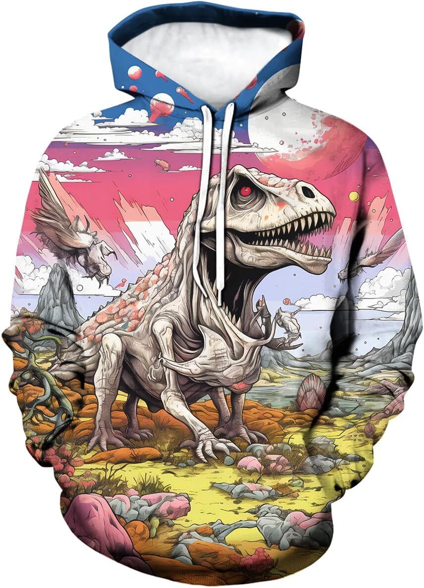 Hoodie for Mens Womens Mens Trippy Dinosaur Astronaut Skeleton Cool Graphic Hoodies Hooded 3D Animal Skull Sweatshirts Pullover Graphic Trendy Fashion