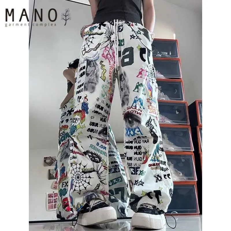 Hip hop retro graffiti wide legs for men and women loose trend casual painting Korean students trend 241007