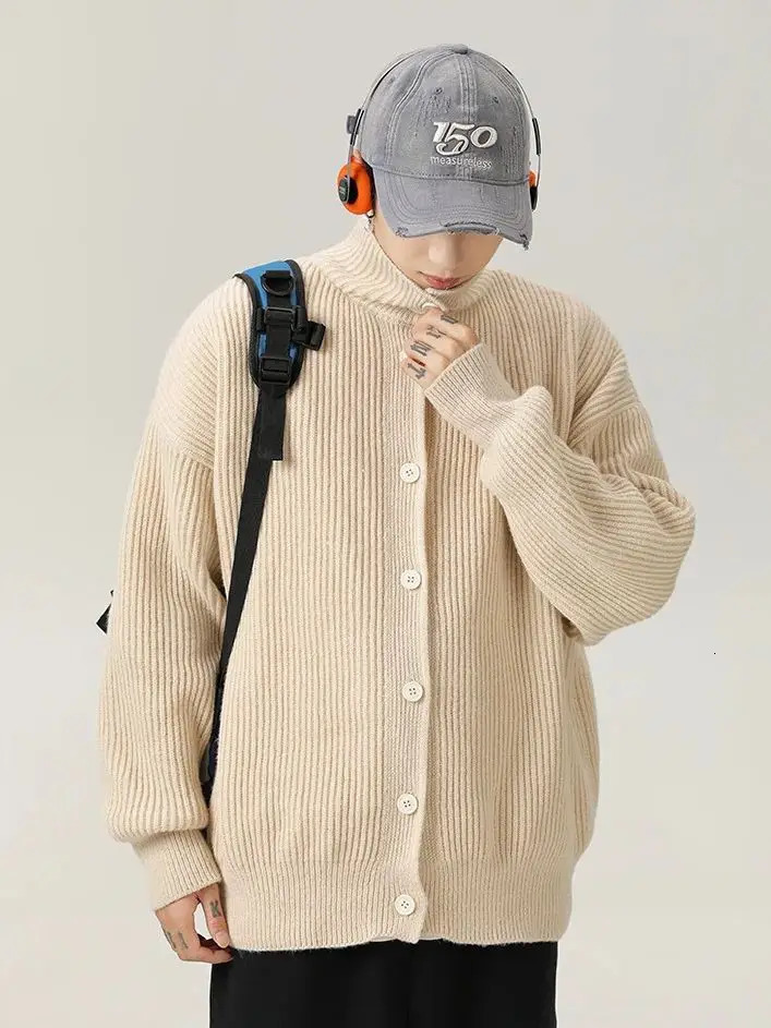 Lazy Style Japanese High Neck Cardigan Sweater Mens Autumn Winter Solid Warm Knit Sweater Loose Standing Collar Jacket Soft 241011