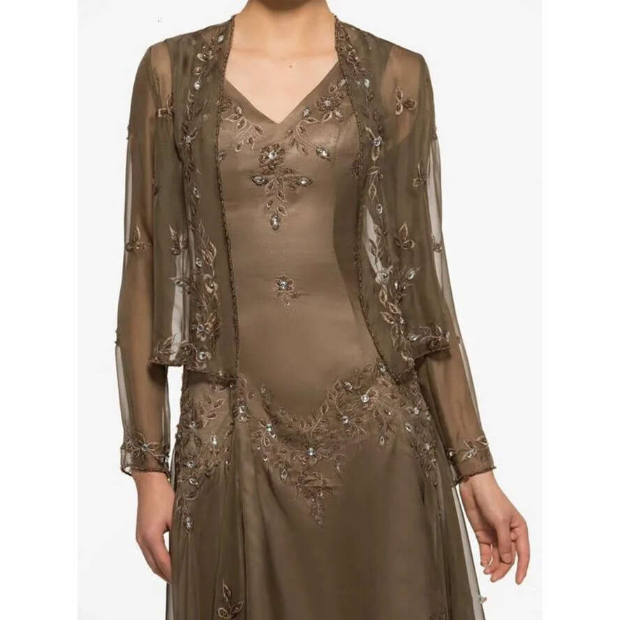 New Off Dresses Modern Chiffon Embroidery Beads Crystal Long Sleeves Knee Length With Jacket Mother Of The Bride Dress