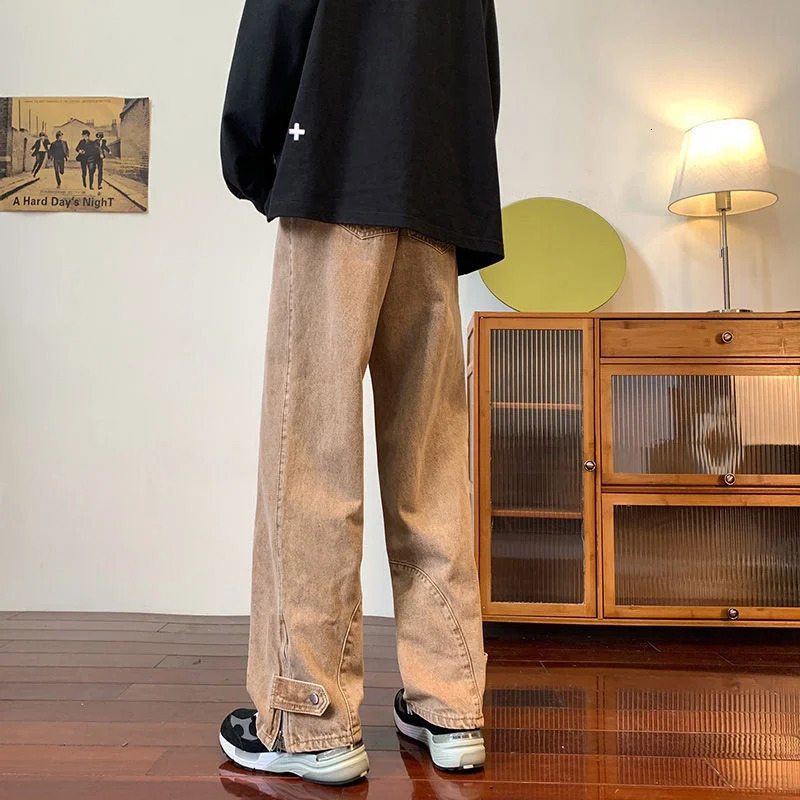 High Street Original American Trendy Wide Leg Jeans Men Autumn Winter Korean Button Pocket Zipper Loose Straight Pants 241011