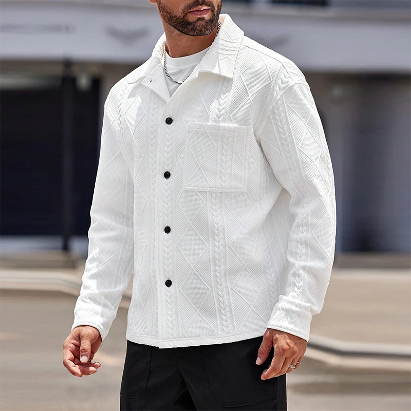 Stylish Turn-down Collar Button-up Mens Jacket 2024 Autumn Fashionable Jacquard Solid Color Jackets For Men Vintage Cardigan Top 241011