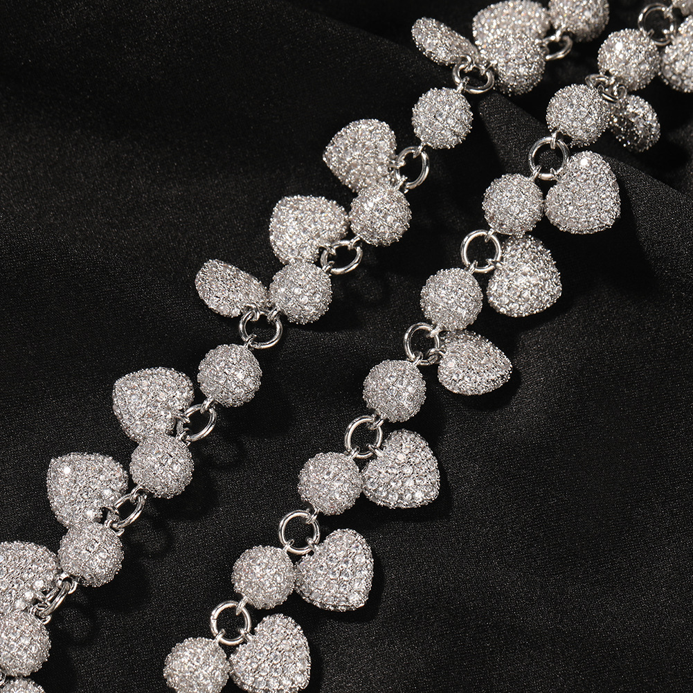 Wolf Tide Hip Hop Bling Cubic Zirconia Heart Charm Round Beads Necklace Chains Choker For Women Fashion Love Ins Trend Womens Jewelry Accessories Gift