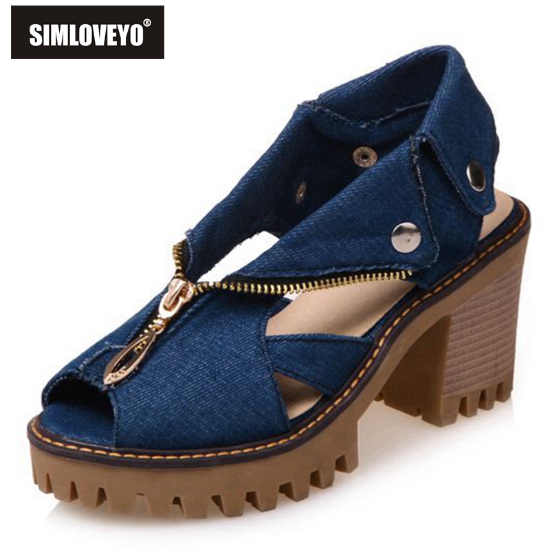 Women's High Heel Denim Sandals with Peep Toe and Zipper Closure Non Slip Sole Comfortable Large Size Summer Shoes QL1139