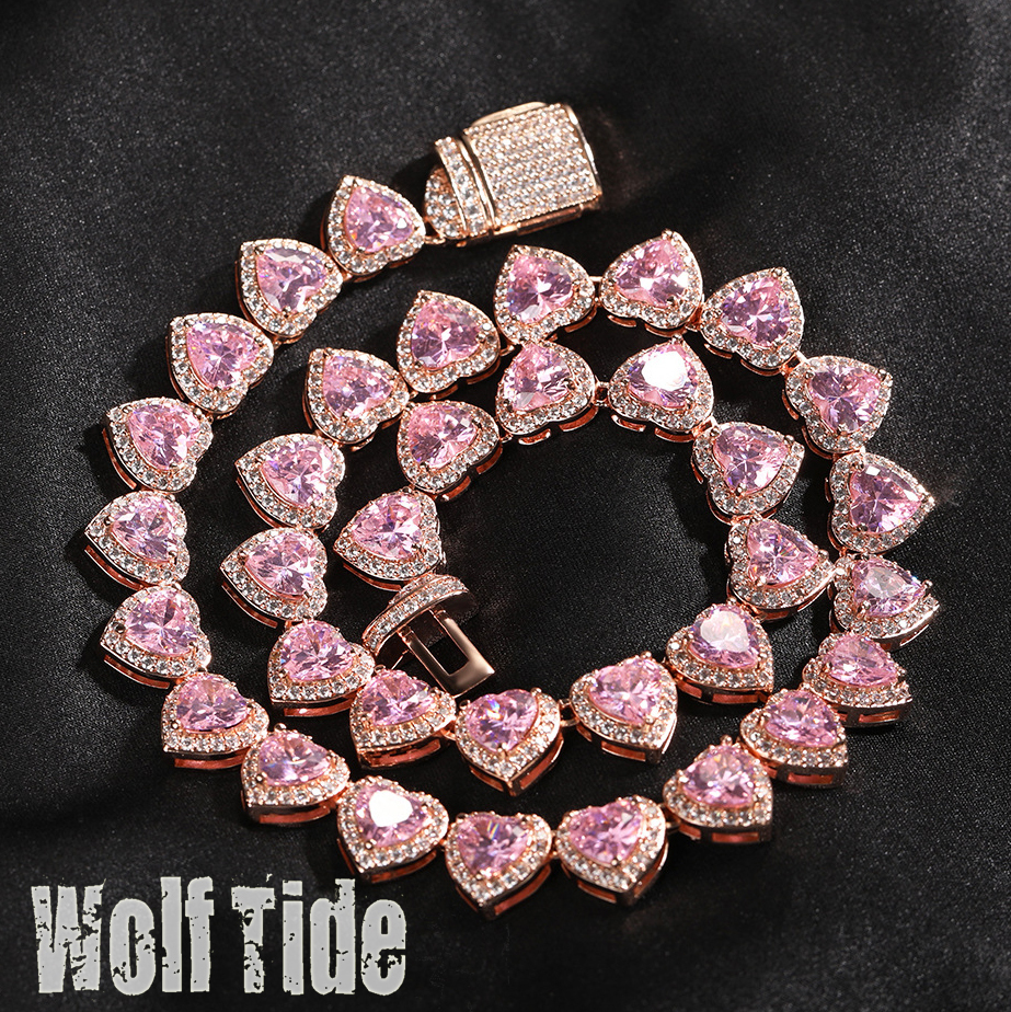 Hot Selling Pink Love Heart Beaded Choker Necklaces Chain Fine Quality Ins Personalized Trendy Cool Copper Iced Out Prong Cubic Zirconia Spicy Necklac