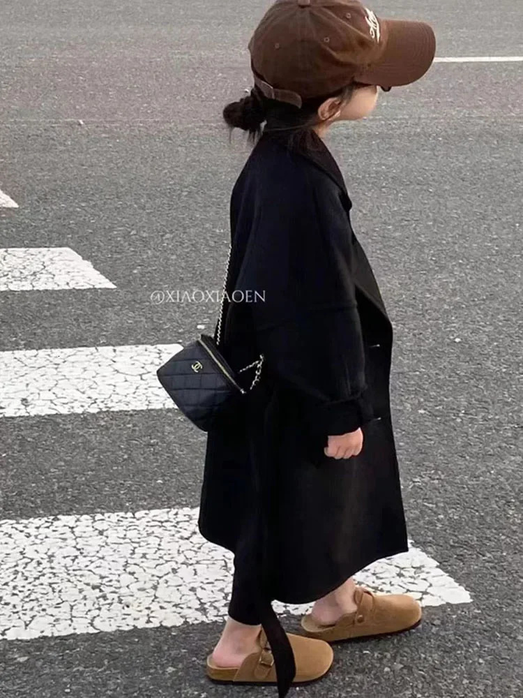 Wool Girls Korean Childrens Clothing Autumn Overcoat Versatile Spring Black Middle Length Woolen Cloth Overcoat 241014