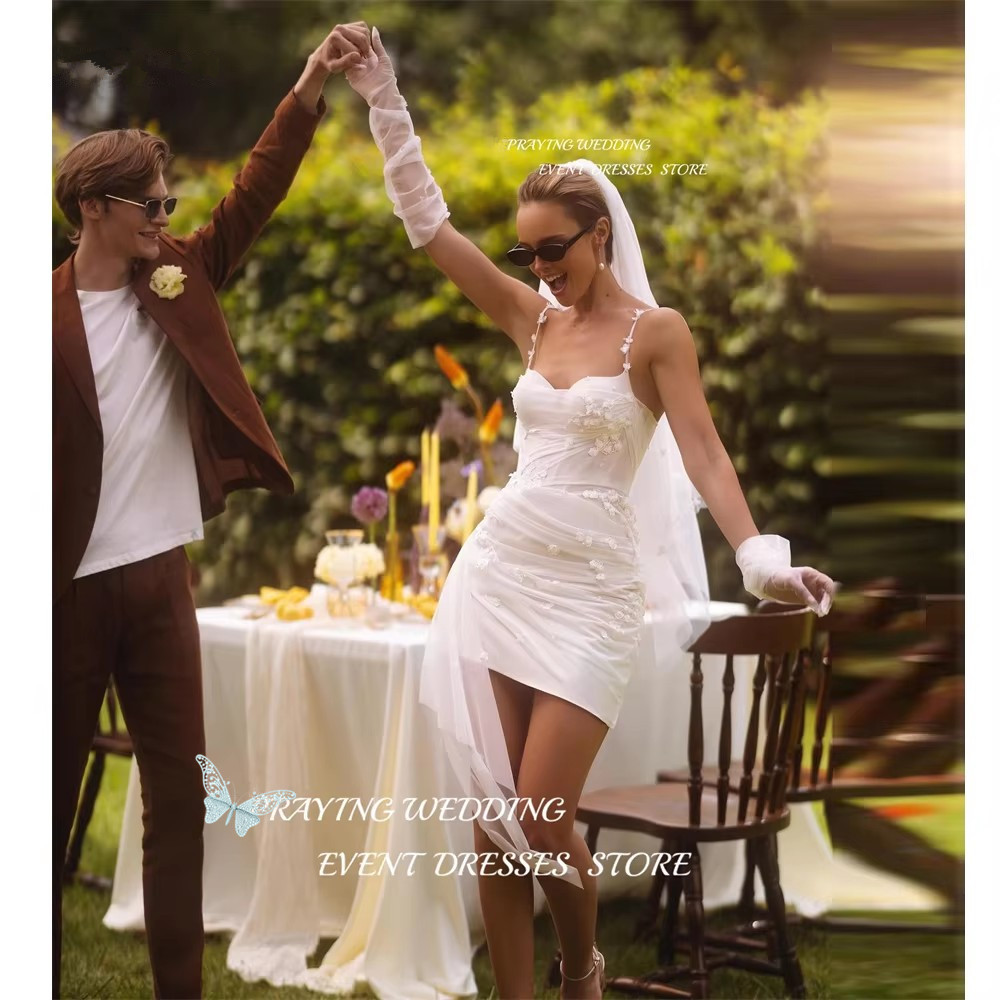 Sexy Spaghetti Straps Mini Short Wedding Party Dresses Boho Wers Sweetheart Summer Bride Gowns With Veil 6660312