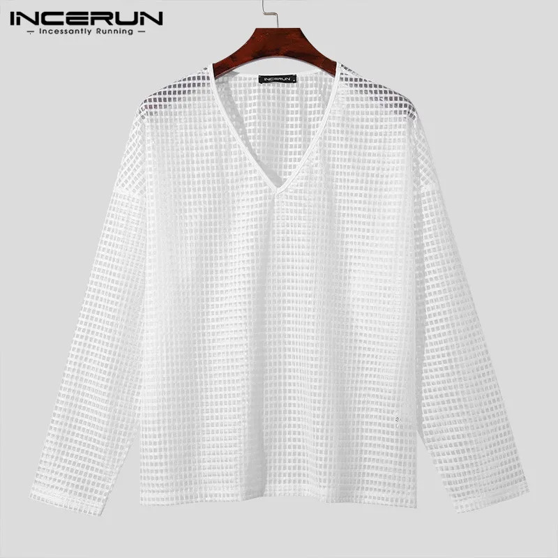 INCERUN Tops 2024 Korean Style Mens Solid Checkered Perspective T-shirts Fashionable V-neck Shoulder Long Sleeved Camiseta S-5XL 241011