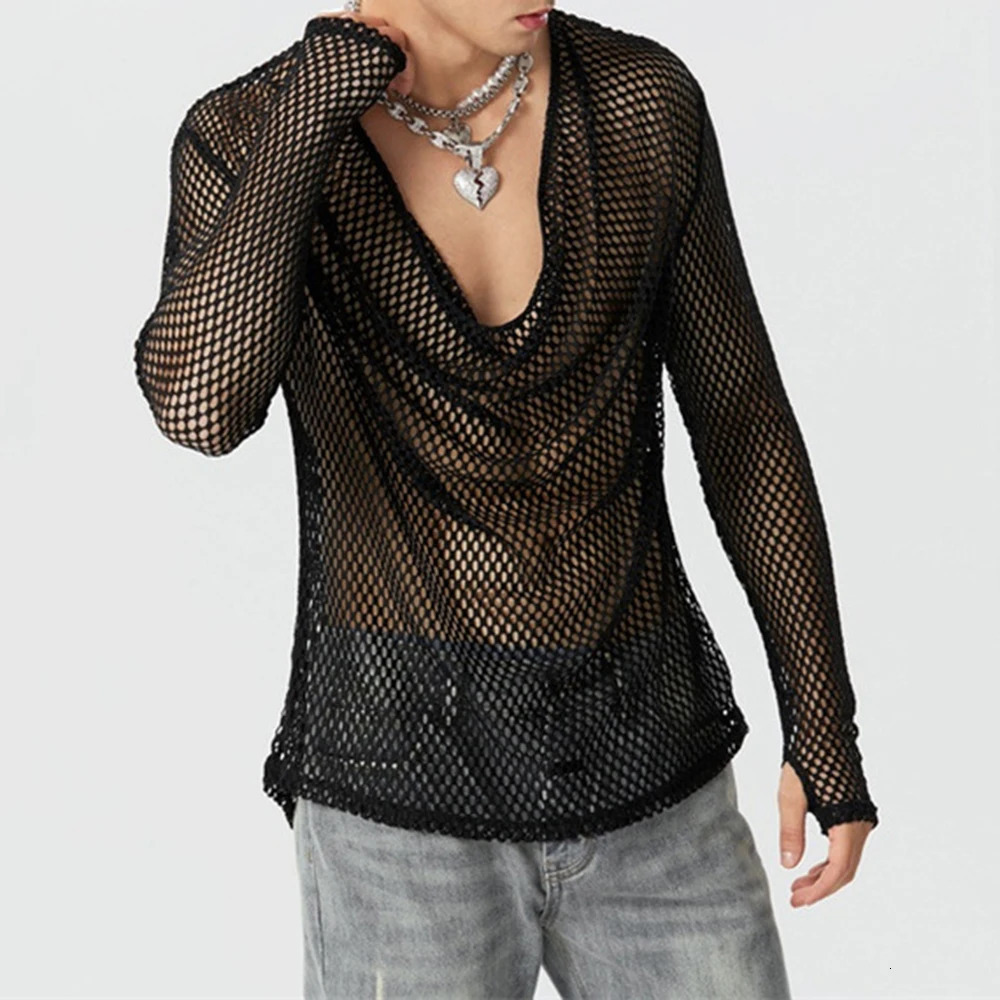 Mens Sexy See-Through Mesh Long-Sleeved Top 2024 Genderless Nightclub Individuality Youthful Thin Low-Cut T-Shirt Unisex 241011