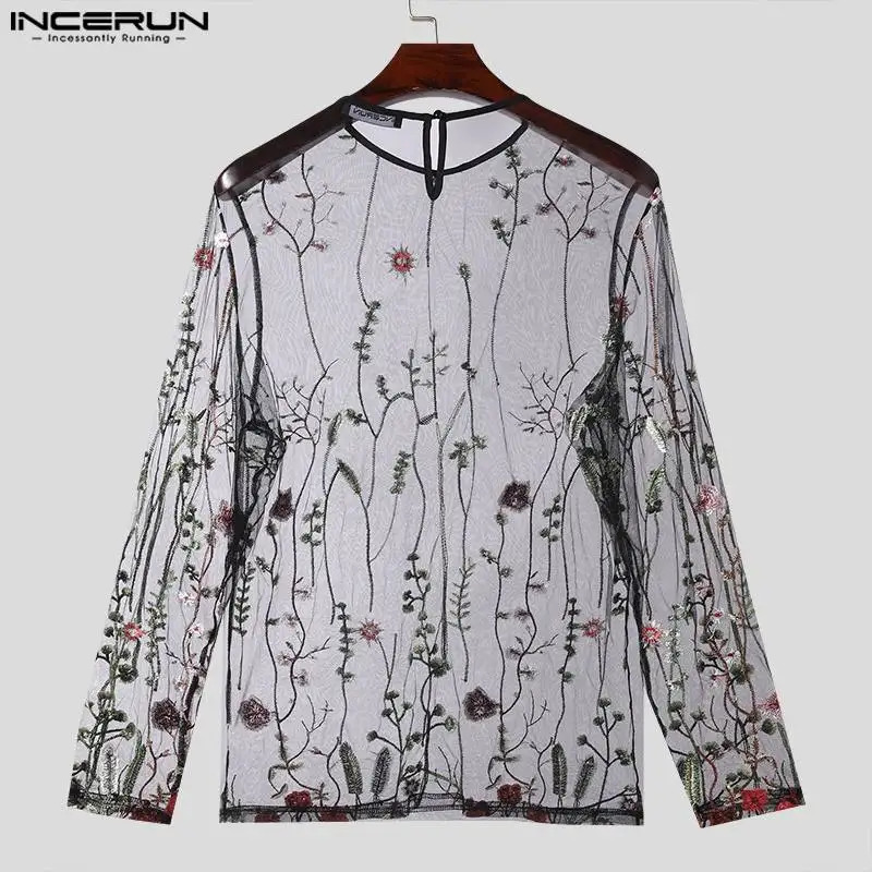 INCERUN Tops 2024 American Style Fashion Men Perspective Mesh Print Pattern T-shirt Sexy Thin O-neck Long Sleeved Camiseta S-5XL 241011