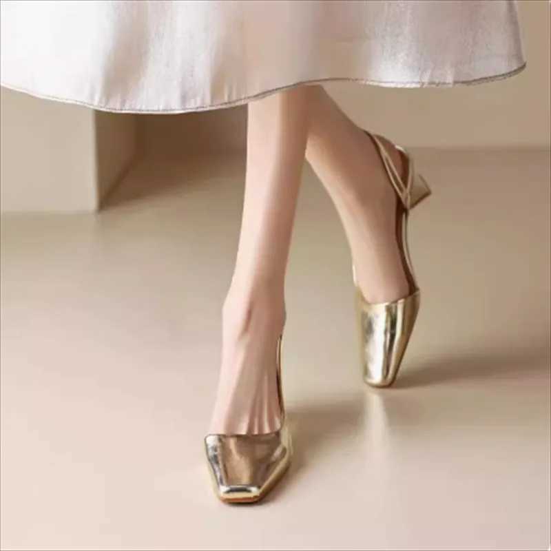 2024 Women Sandals Leather Square Toe Med Heel Summer Slingbacks Pumps Shoes Woman Party Wedding Size 35-41LX241014