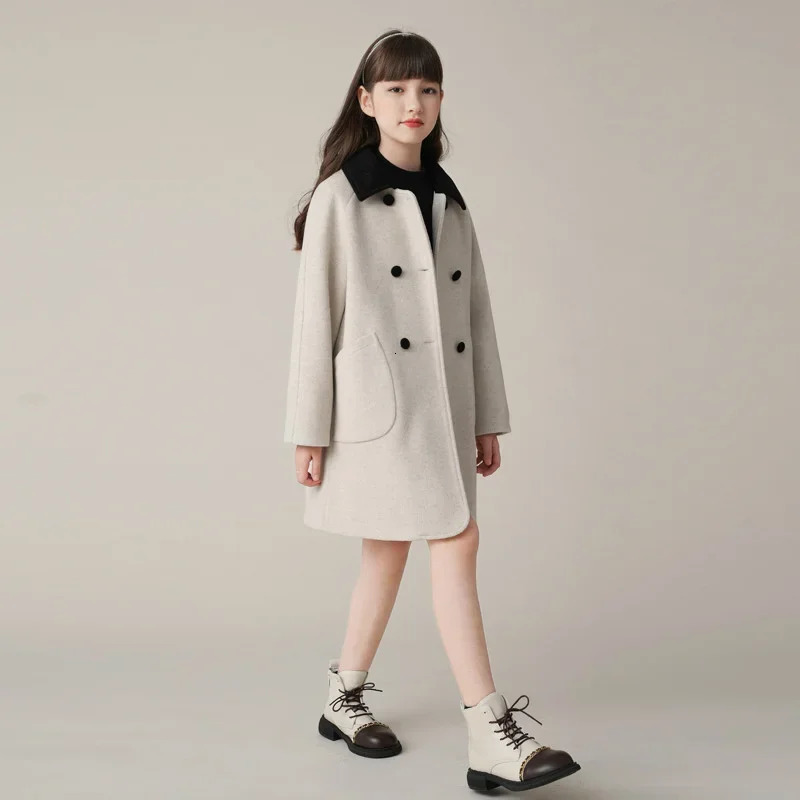 Girls Woolen Coat Overcoat Jacket Windbreak Beige Warm Plus Thicken Winter Cotton Teenagers Gift Childrens Clothing C15 241014