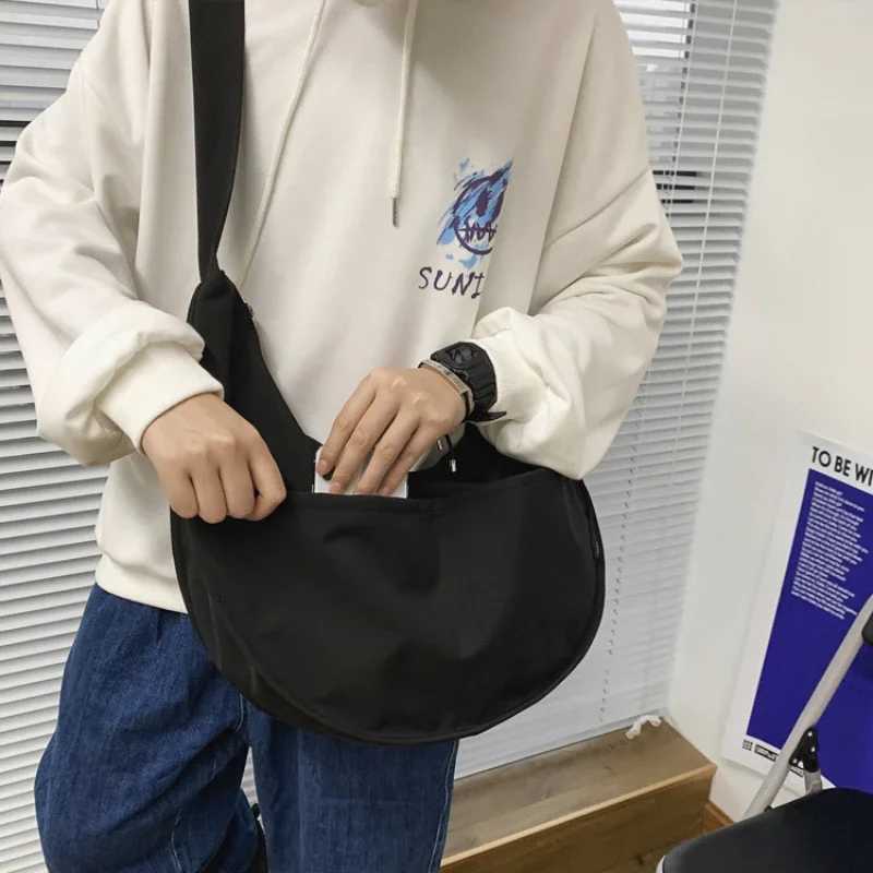 Y2k mens crossbody bag solid color large capacity homeless mid size Harajuku Japanese style nylon waterproof travel shoulder bag M241014