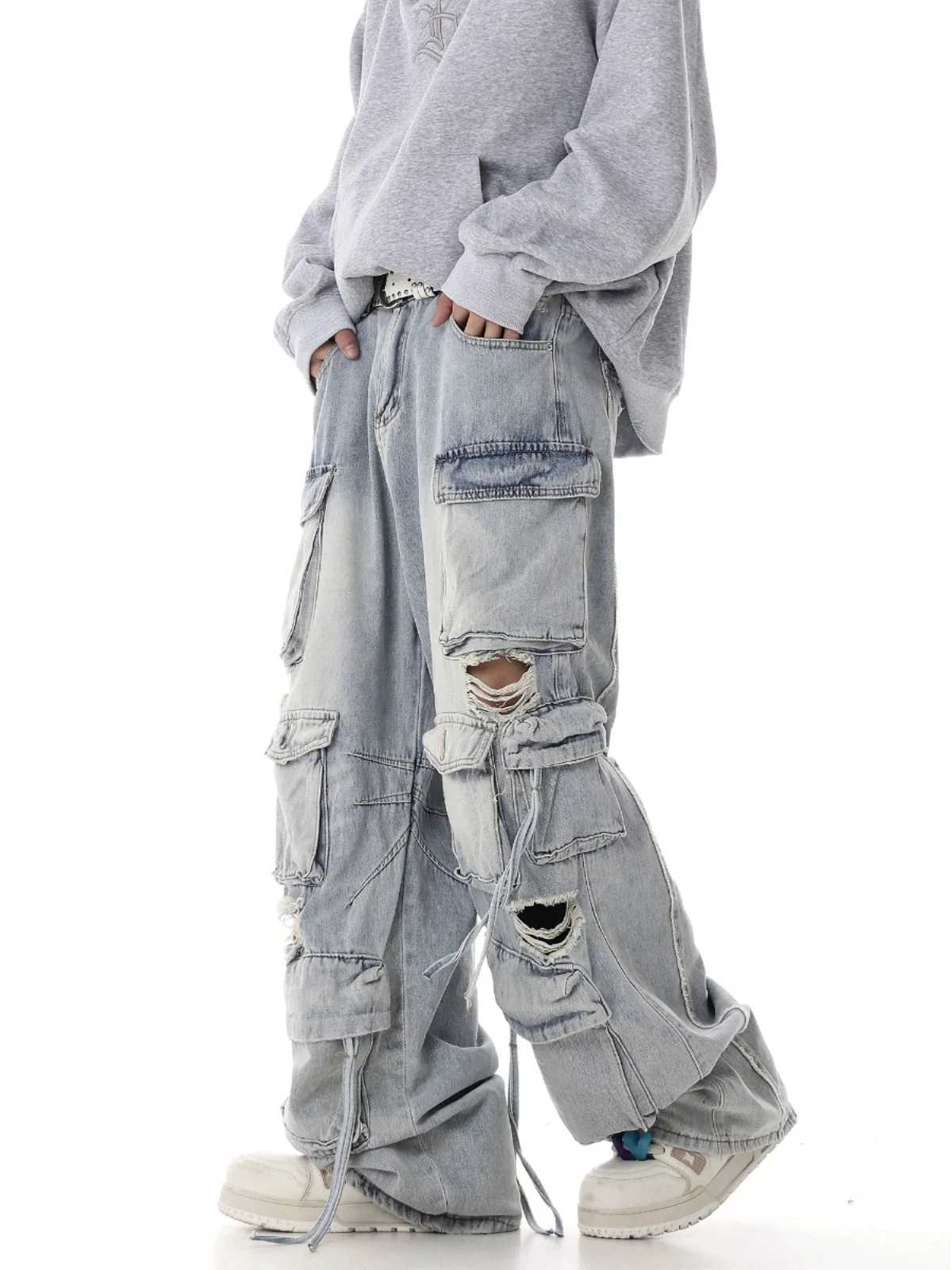 Multi Pocket Cargo Jeans Hip Hop Streetwear Pants for Men Distressed Ripped Baggy Jeans Dropshipping X250220