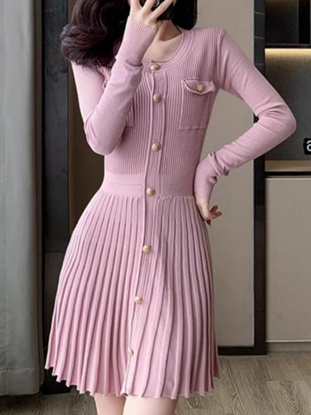 2024 New Pink O-Neck Knit Autumn Metal Button Long Sleeve Fashion Short Dress A-E Pleat Elegant Chic Women Dresses