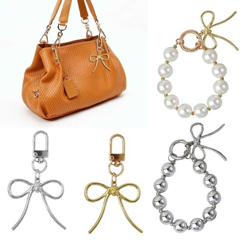 652F exquisite keychain with bead bow mobile phone charm unique keybag pendant used for car keys wallets backpacks wallets Y241014