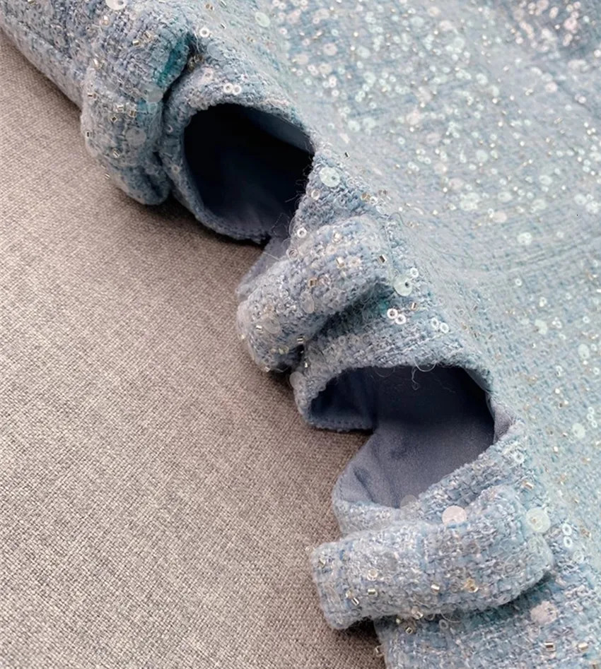 2024 Runway Sweet Spring Diamonds U Neck Blue Tweed Mini Dress Women Sleeveless Tank Bow Waist Hollow Out Sequin Dresses 241011