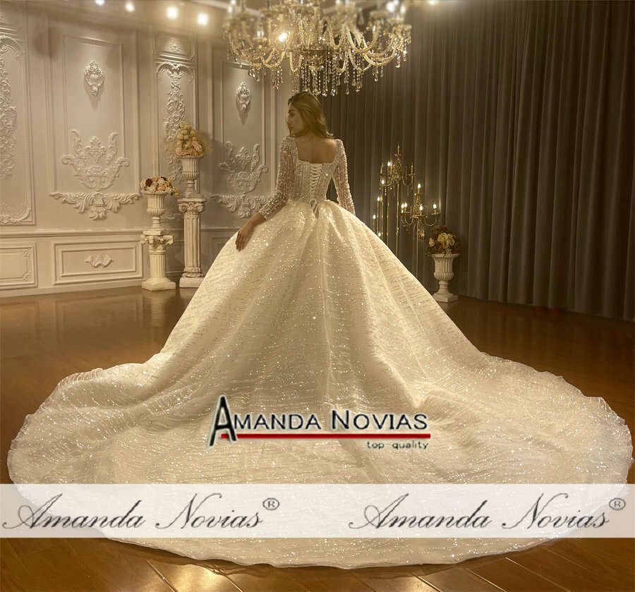 Long Square Neckine Sleeves Fluffy Wedding Dress