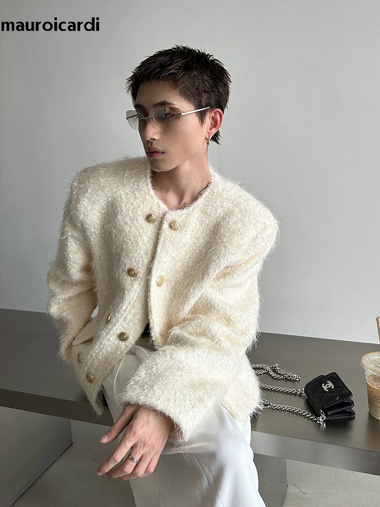 Mauroicardi Spring Autumn Elegant Chic Stylish Soft Woolen Jacket Men Shoulder Pads Double Breasted Clothes 2024 241011