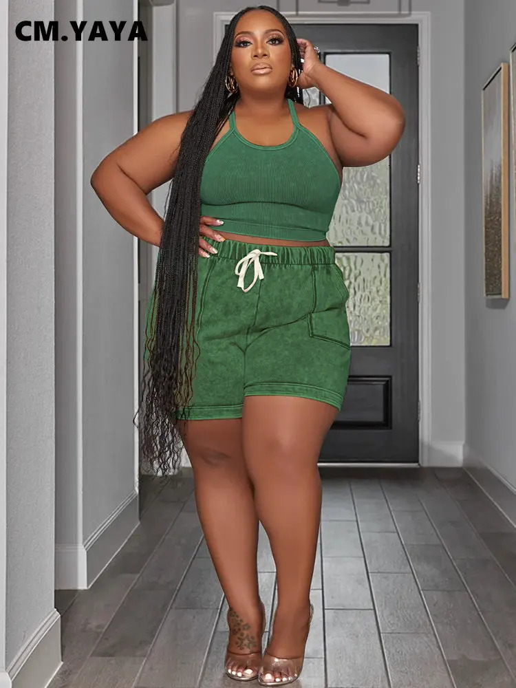 CM. YAYA Plus Size Womens Set Knitted Ribbed Tank Top and Pocket Side Shorts Set Summer INS Two Piece Set 240930