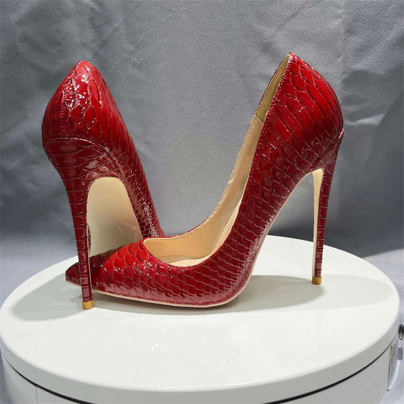 Red Snakeskin Emed Women Sexy Pointed Toe 12Cm Thin High Heels Ladies Slip On Stilettos Pumps Woman