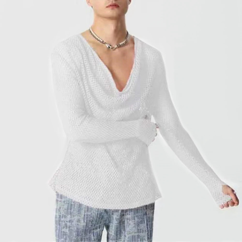 Mens Sexy See-Through Mesh Long-Sleeved Top 2024 Genderless Nightclub Individuality Youthful Thin Low-Cut T-Shirt Unisex 241011