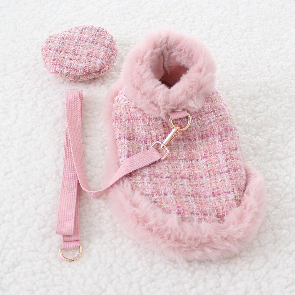 Small dog pink cloak chic designer puppy clothes winter warm dog clothes with leash hat