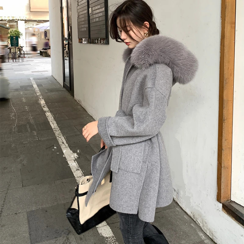 Loose Autumn Winter Fox Fur Collar Hooded Wool Cashmere Coat Womens Medium to Long Wool Jacket Coat Womens Coat 241007