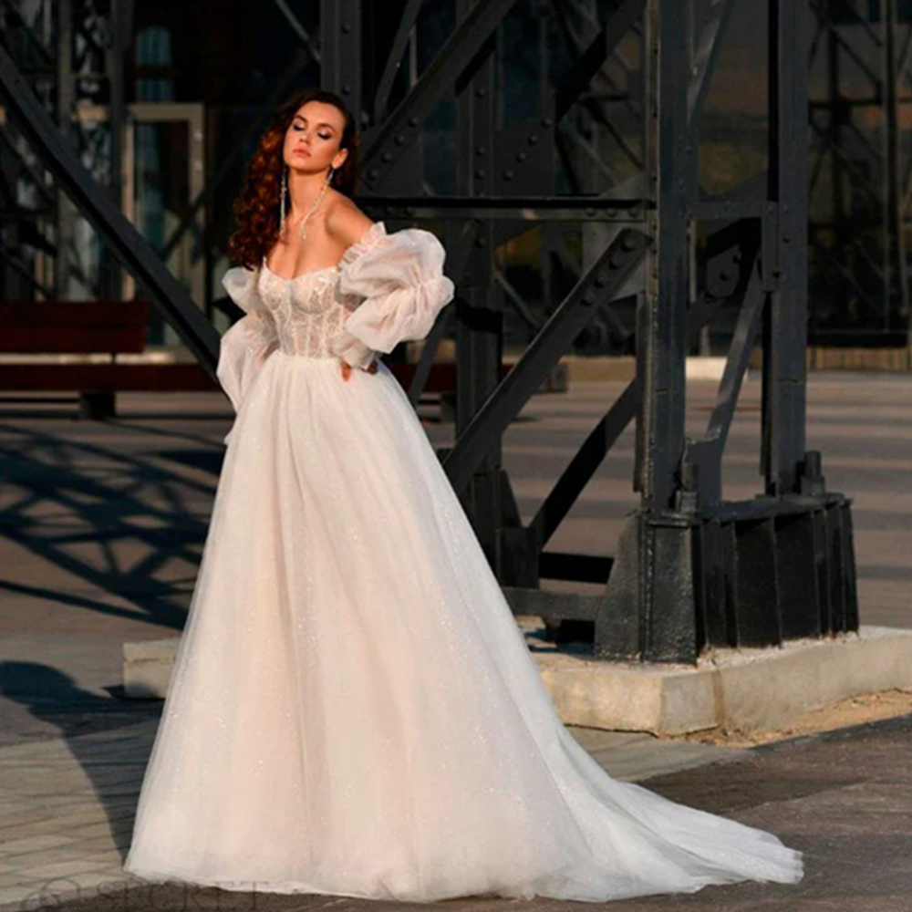 Off Shoulder Long Sleeves Glitter Tulle A-line Wedding Dresses Sequined Ivory 2024 vestido Long Bridal Gown Robe De Mariee