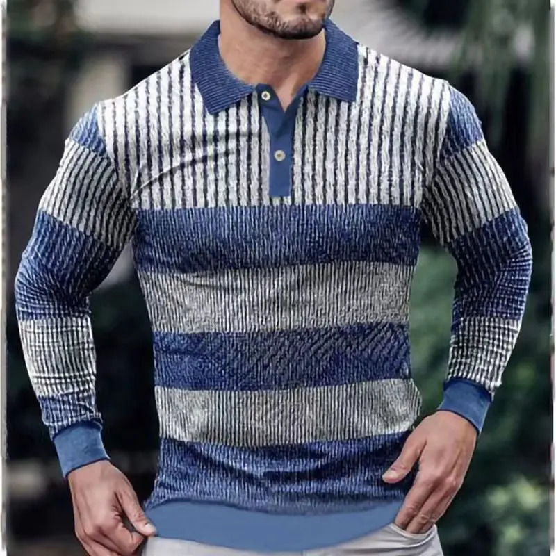 mens spring and autumn striped color POLO shirt mens lapel casual long sleeve top S-3XL 241010
