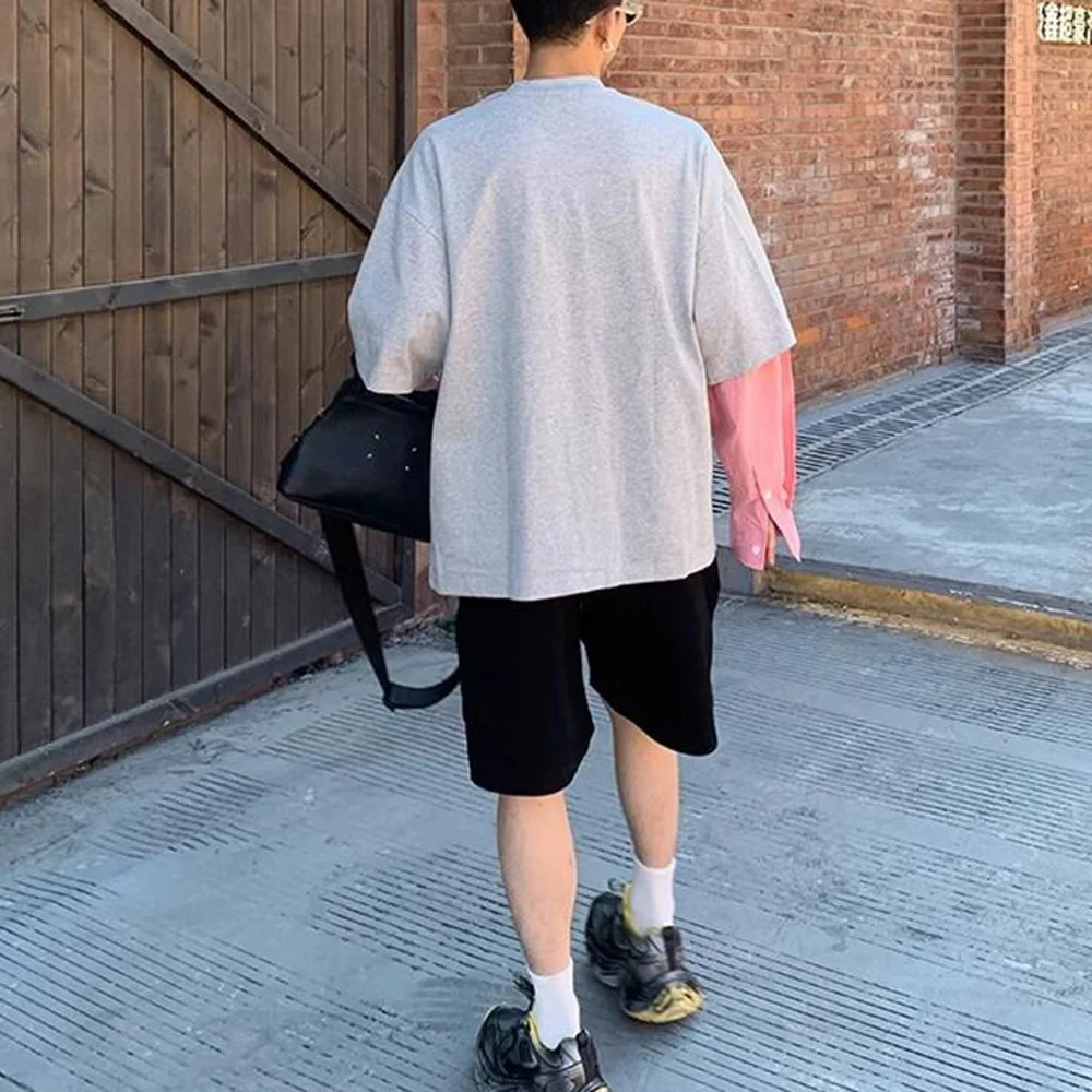 Mens T-Shirt Long Sleeve Y2K Korean Style Two-Piece Contrast Stitching Top Autumn Oversize Casual Pullover MenS Clothing 241011