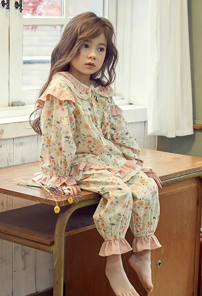 Kid Girls Lolita Cotton Floral Pajama Sets.Vintage Toddler Kid Flowers Pyjamas Set Sleep Loungewear.Children Clothing 241014