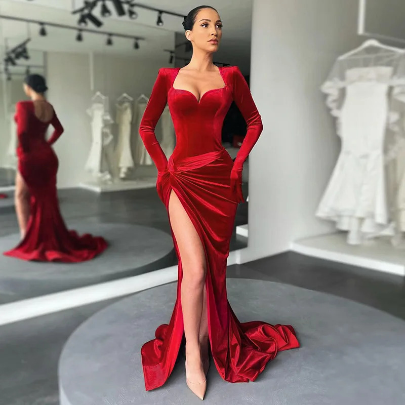 Sexy V Neck Long Sleeve High Split Long Maxi Dress Night Club Prom Wedding Party Dresses Women Evening Elegant Red Velvet Dress 241014
