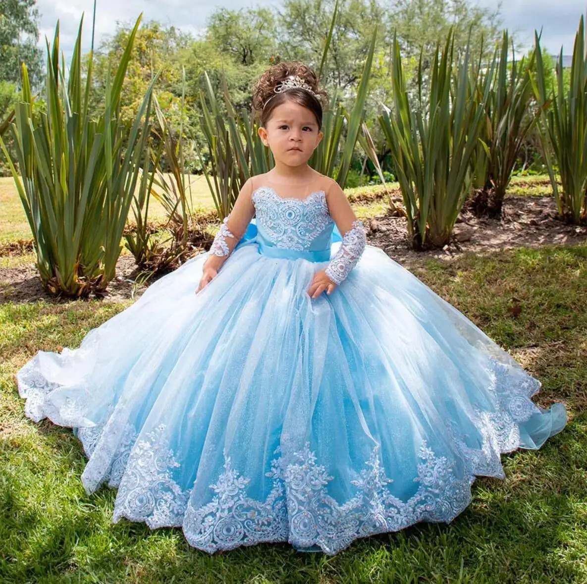 Long Sleeves Flower Girl Dresses For Weddings Toddlers Satin Bow Ball Gown Pageant Dress Sparkly 1st Communion Party Gowns 241014
