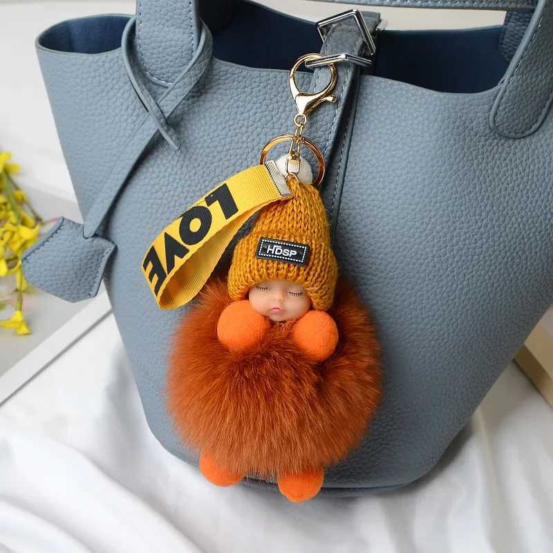 Cute sleeping baby fluffy keychain real fox fur doll keychain plush doll pendant fashionable keyholder car keyring womens bag Y241014
